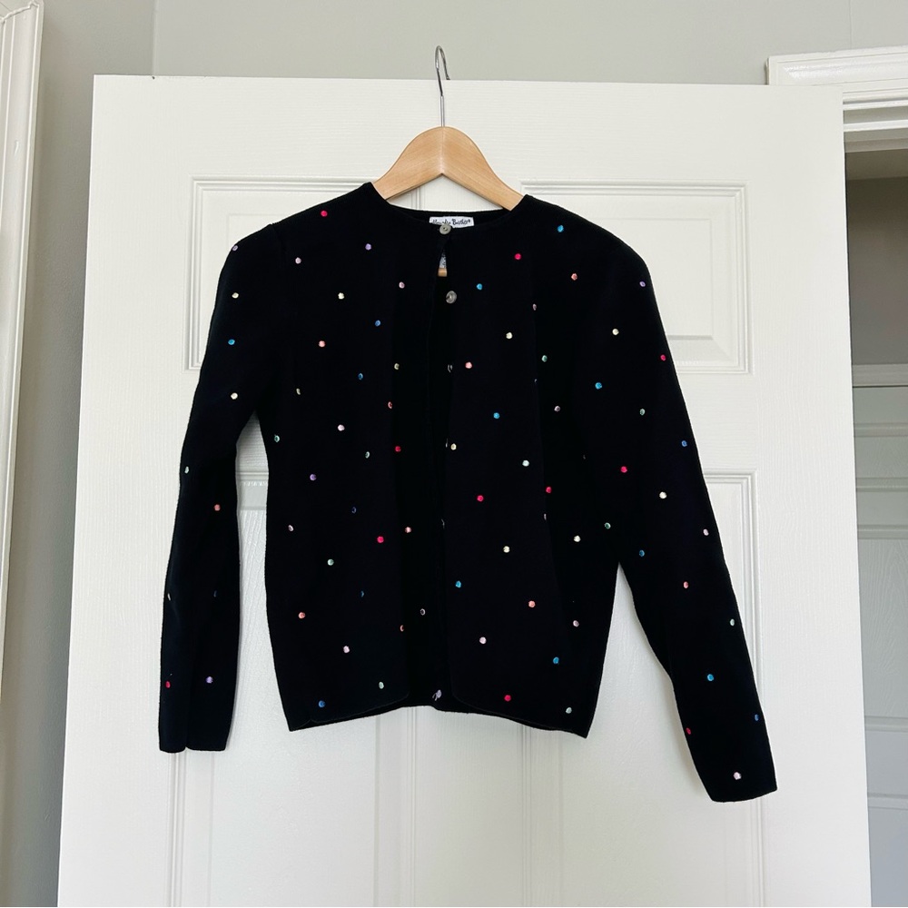 Alexandra Bartlett Black Cardigan Sweater with Embroidered Rainbow Polka Dots